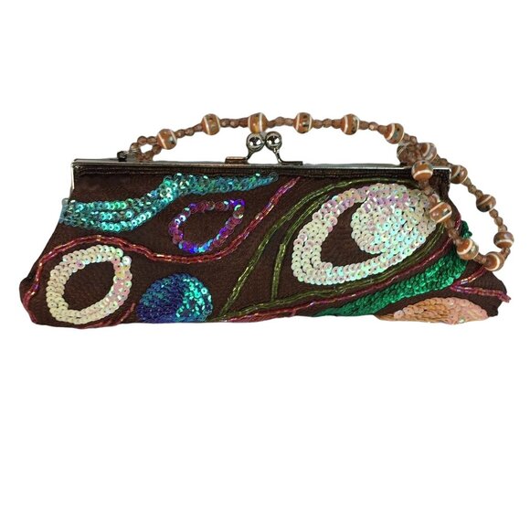 Vintage Clutch Evening Purse Brown Sequins Beaded Handle u Bohemian Style Kiss L - Picture 2 of 3